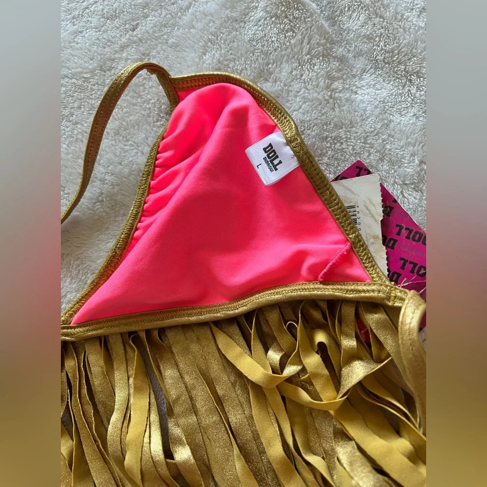 Doll Swimwear Corral and gold trim fringes scrunch butt two piece set